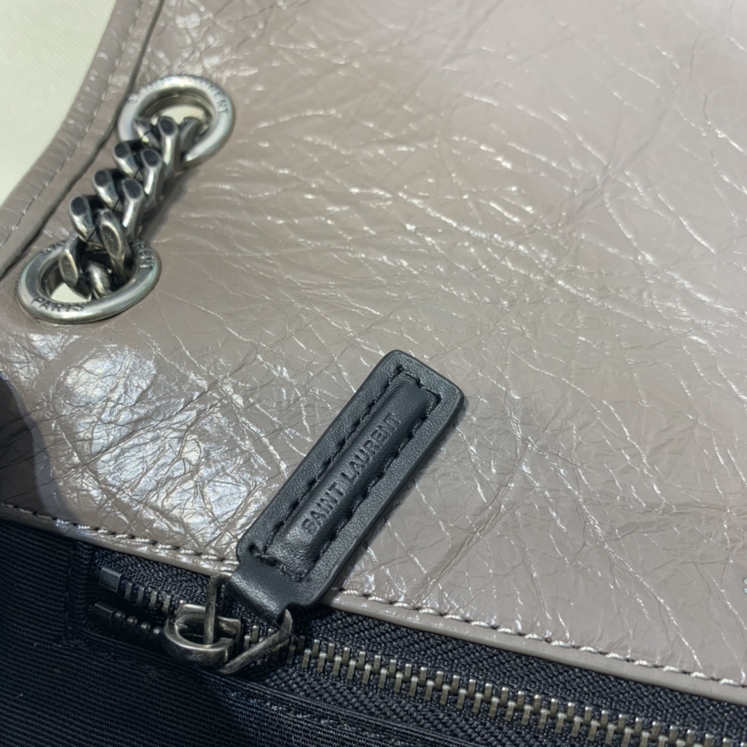 復刻YSL聖羅蘭包包 niki復古皮革中型手袋 V紋縫線 油蠟牛皮 灰棕色