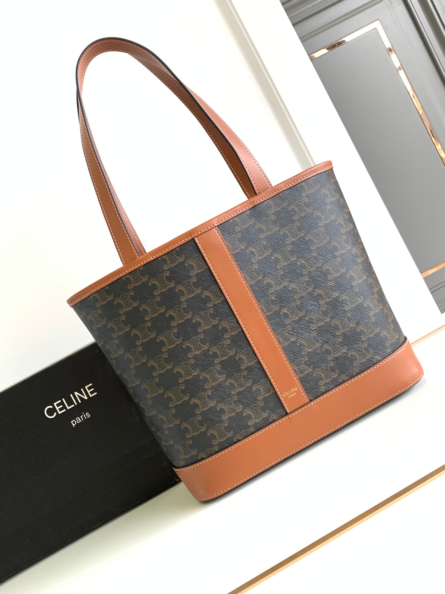 Celine賽琳高仿一比一原單包包 CELINE CABAS小號標誌印花牛皮革手袋