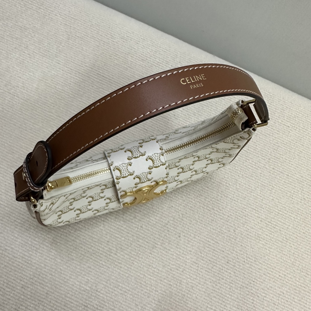 Celine賽琳一比一復刻包包 標誌印花及牛皮革中型AVA TRIOMPHE手袋腋下單肩包 白色