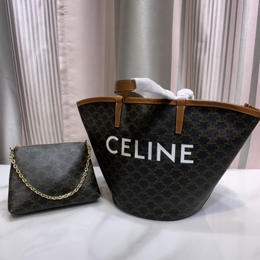 高仿復刻Celine賽琳包 標誌印花 TRIOMPHE COUFFIN扇子包 超大手袋 深棕色