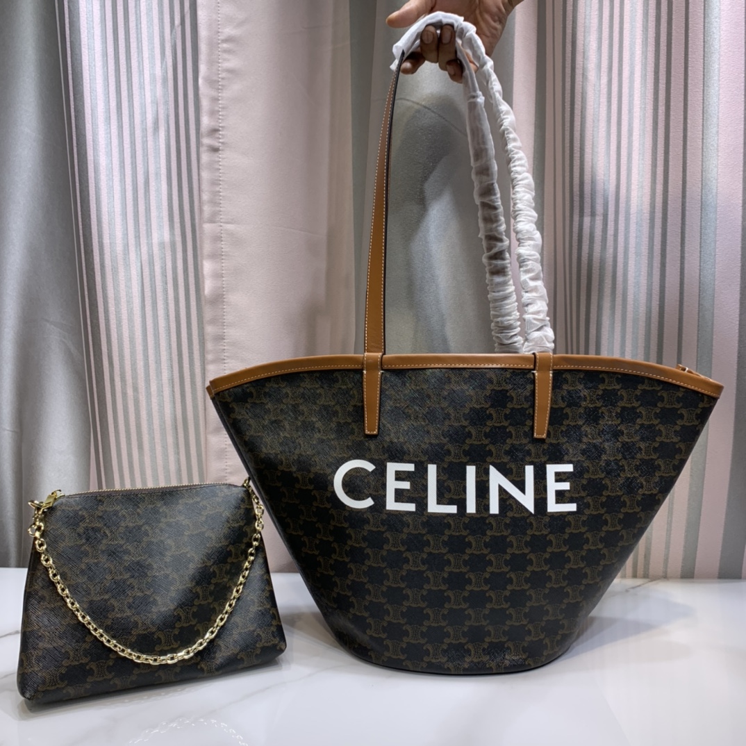 高仿復刻Celine賽琳包 標誌印花 TRIOMPHE COUFFIN扇子包 超大手袋 深棕色
