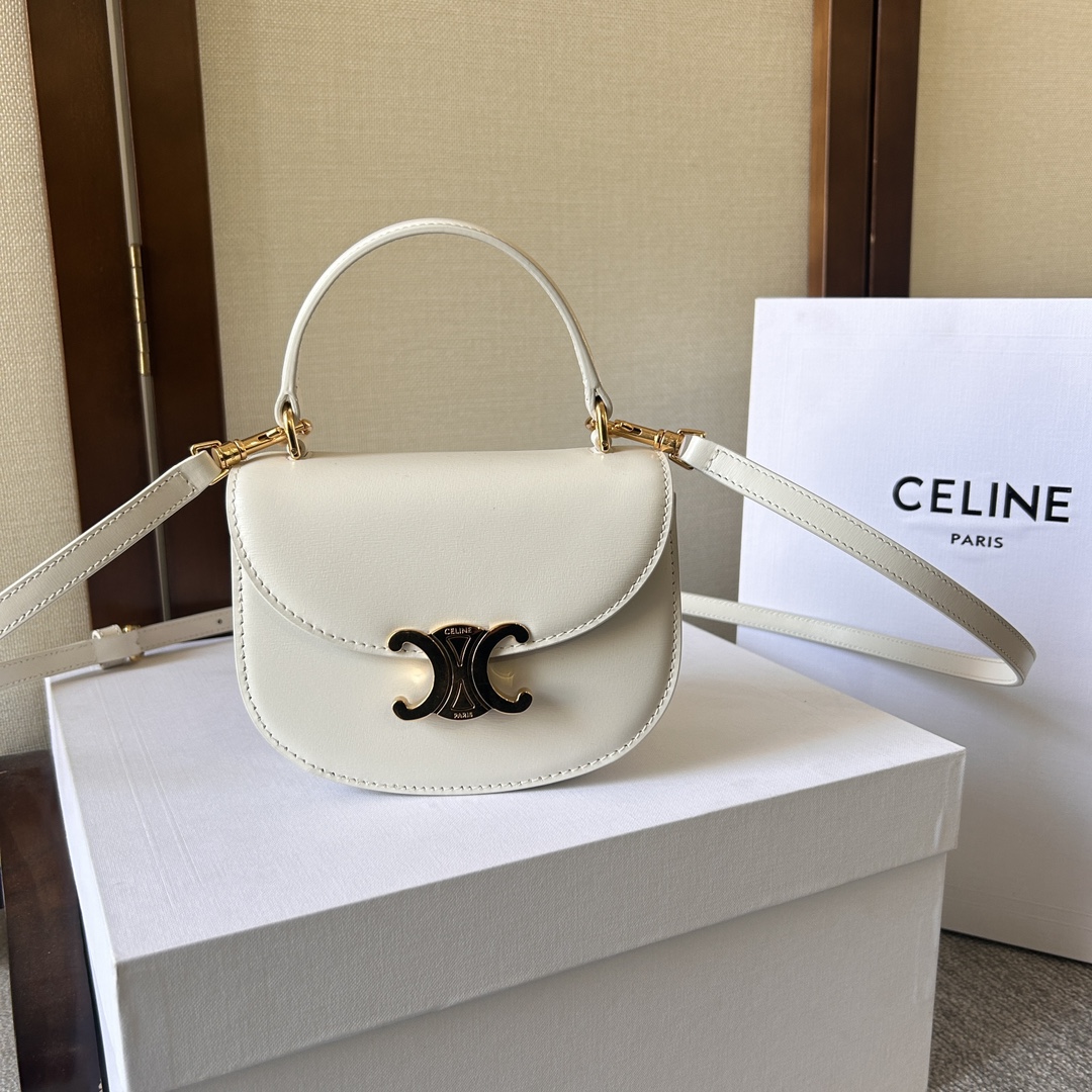 A貨包復刻Celine賽琳包 亮面牛皮革迷你型BESACE CLEA手袋Mini Besace凱旋門包白