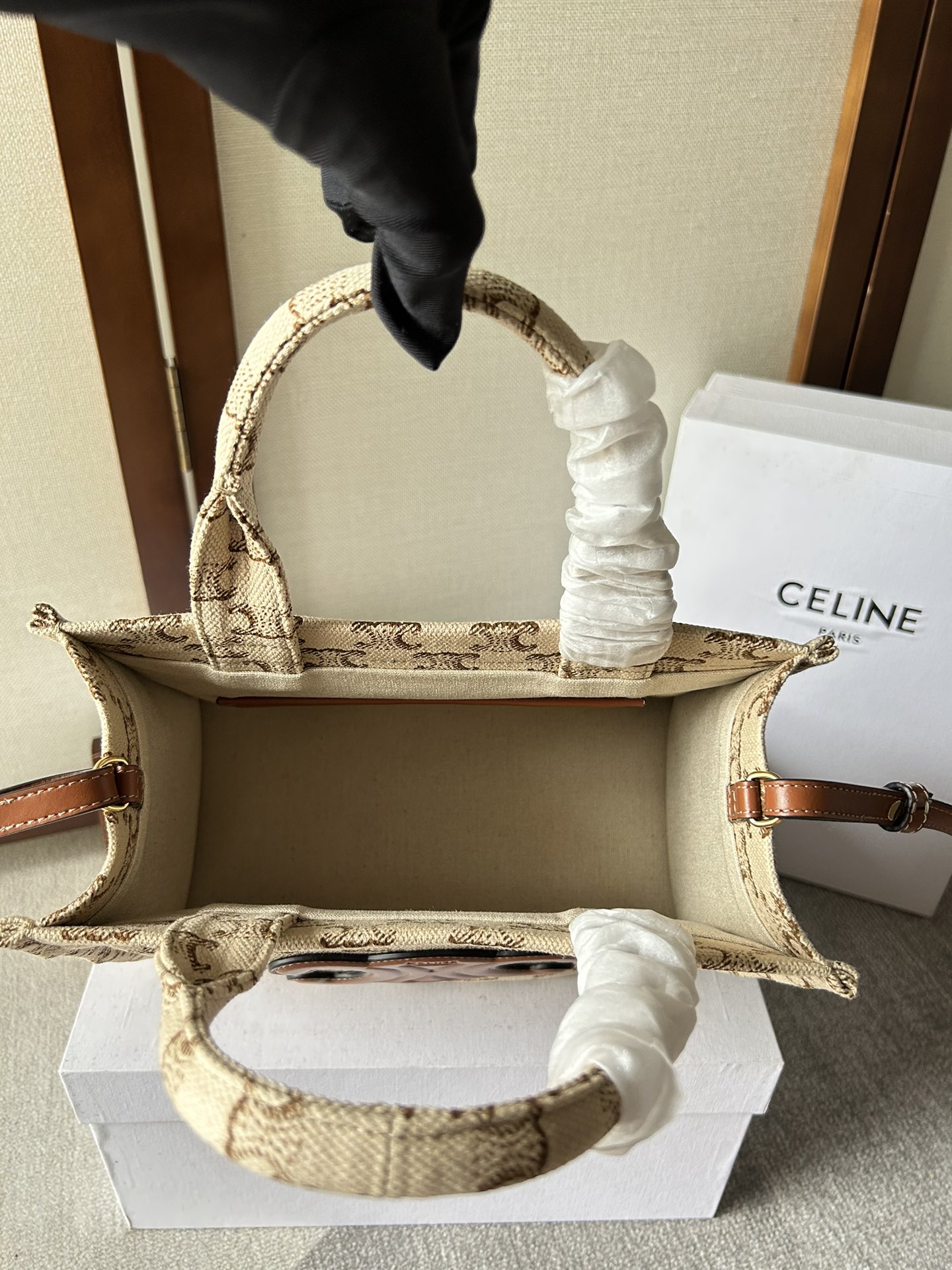 Celine賽琳原單包包 TRIOMPHE帆布標誌印花布料及小牛皮小型Cabas Thais手袋
