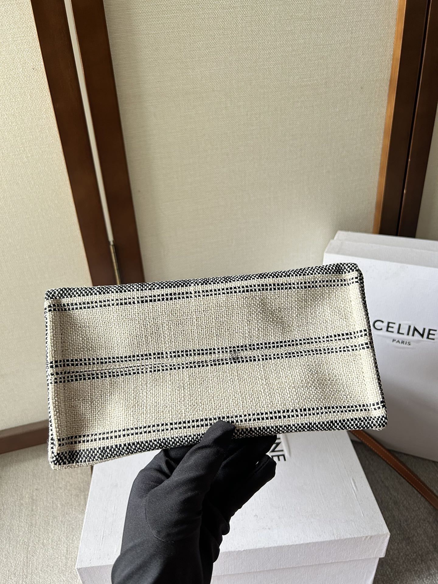 Celine賽琳原單包包 TRIOMPHE帆布 提花條紋布料及小牛皮小型Cabas Thais手袋 
