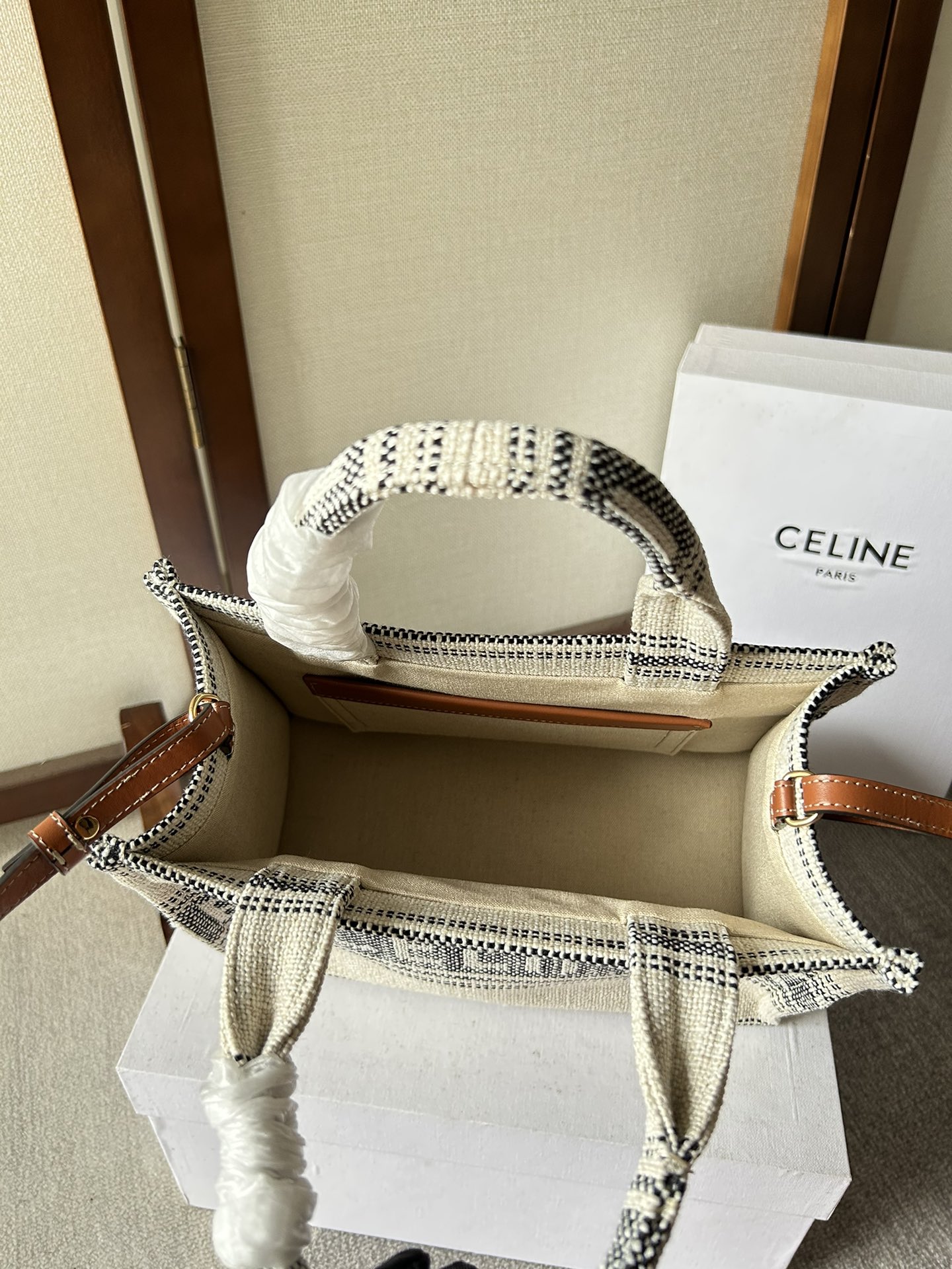 Celine賽琳原單包包 TRIOMPHE帆布 提花條紋布料及小牛皮小型Cabas Thais手袋 