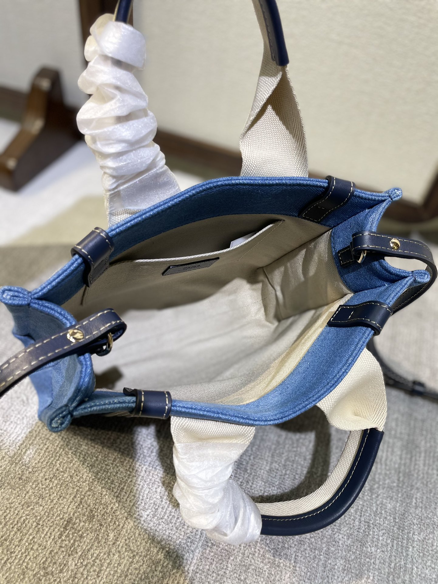 一比一複刻Chloe蔻依包 亞麻帆布小號Woody托特包肩帶款 牛仔布