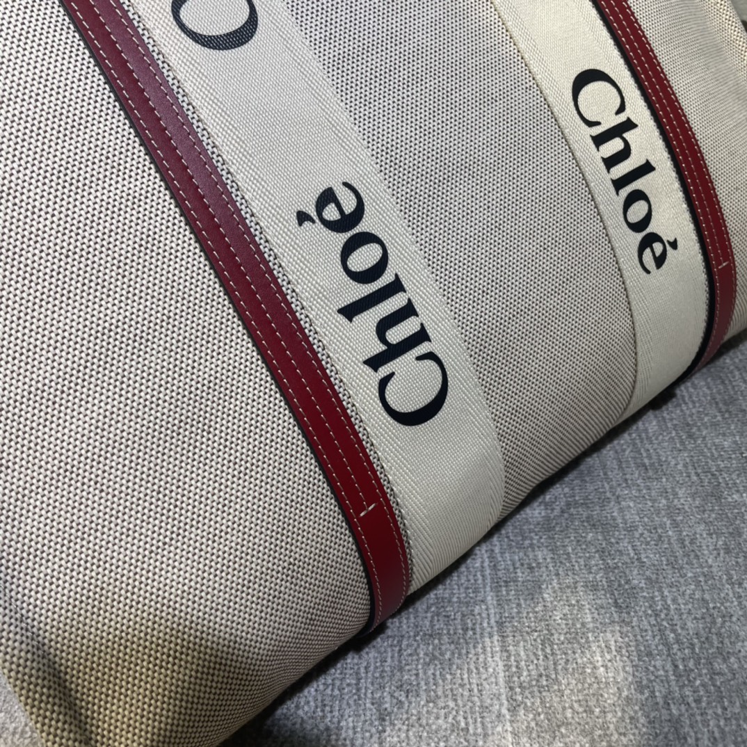 複刻名牌包Chloe蔻依 Chloé標識亞麻帆布 Woody大號托特包 酒紅