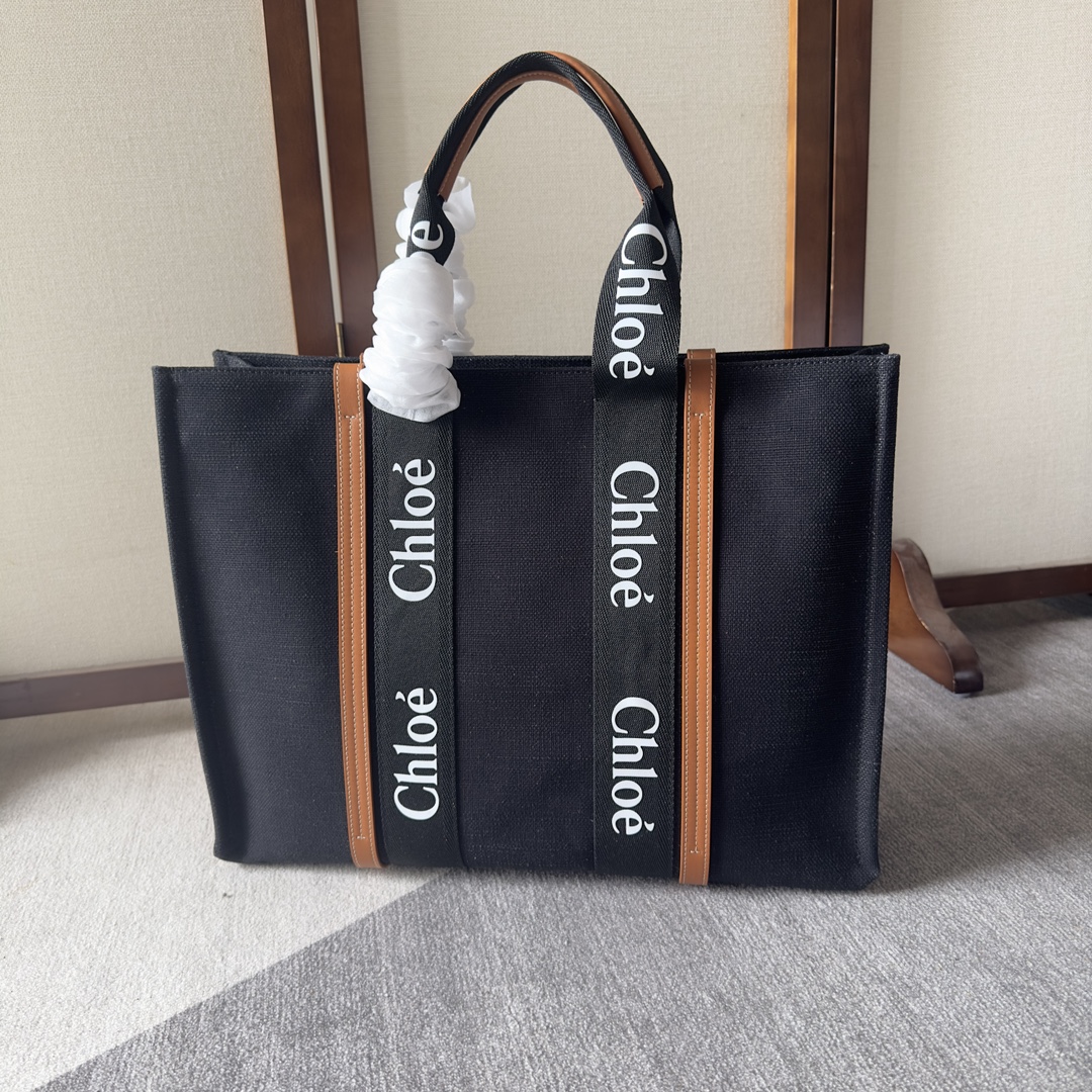 複刻奢侈包Chloe蔻依 Chloé標識亞麻帆布 Woody大號托特包 黑色