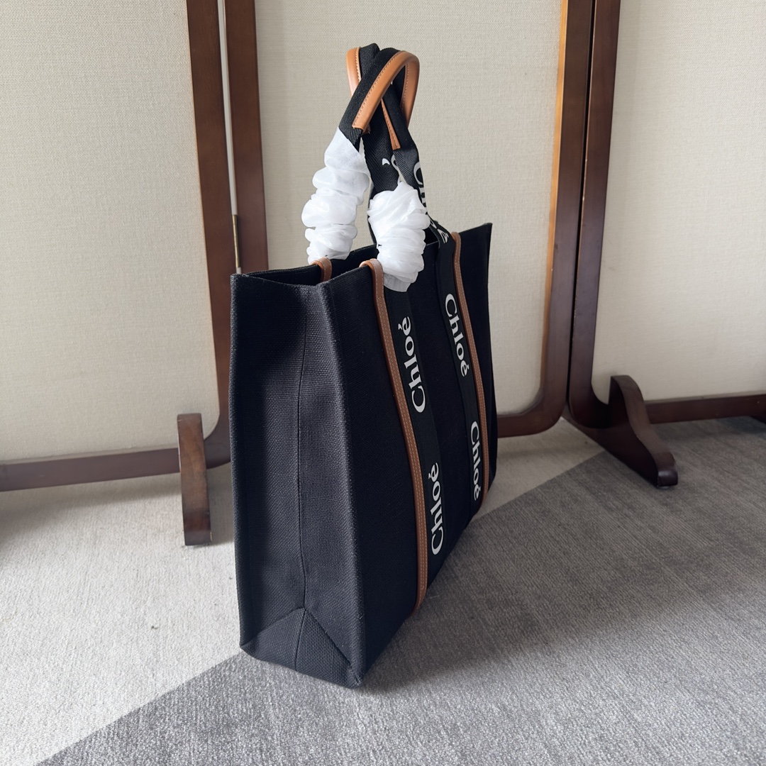 複刻奢侈包Chloe蔻依 Chloé標識亞麻帆布 Woody大號托特包 黑色