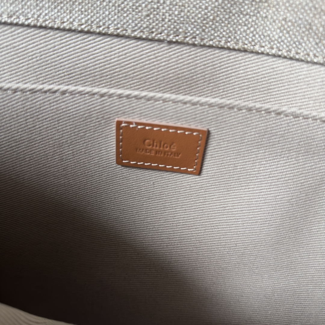 一比一高仿包Chloe蔻依 亞麻帆布小牛皮與Chloé徽標刺繡網眼面料托特包 大號