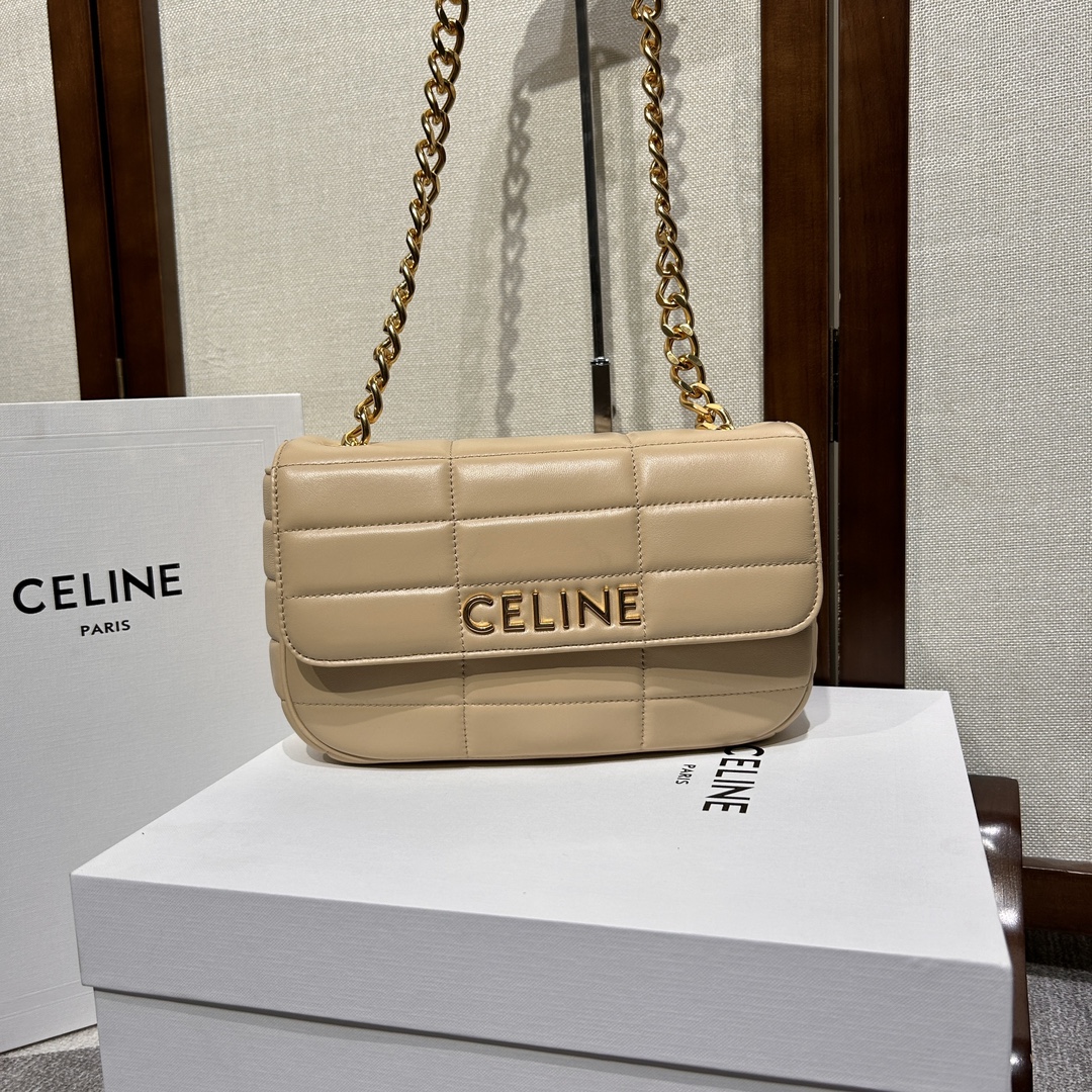複刻名牌包Celine賽琳 MATELASSE MONOCHROME 絎縫羊皮革鏈條肩揹包飾鍊掛肩袋 裸色