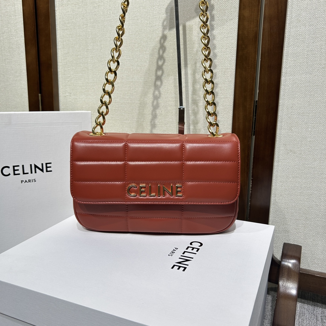 複刻名牌包Celine賽琳 MATELASSE MONOCHROME 絎縫羊皮革鏈條肩揹包飾鍊掛肩袋 棗紅