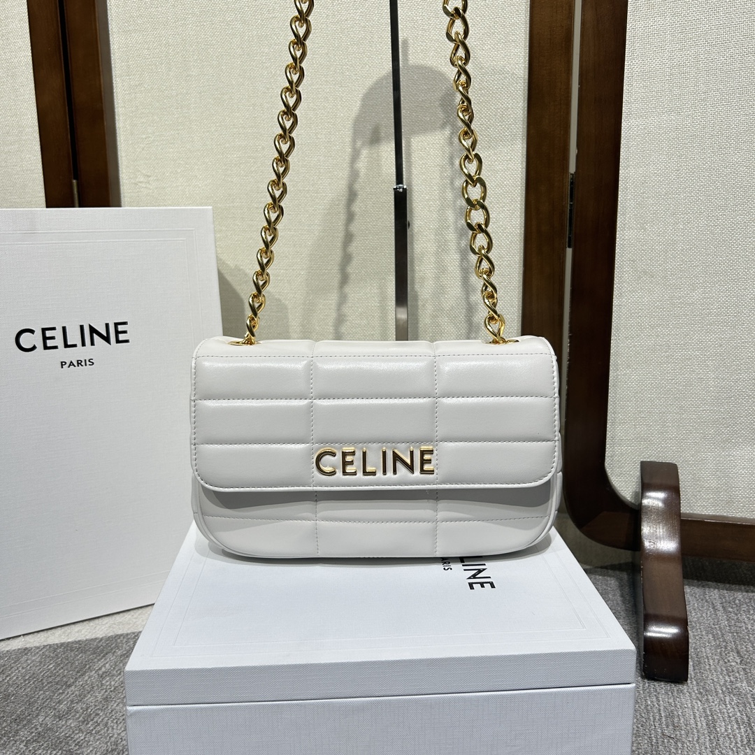 複刻名牌包Celine賽琳 MATELASSE MONOCHROME 絎縫羊皮革鏈條肩揹包飾鍊掛肩袋 白色