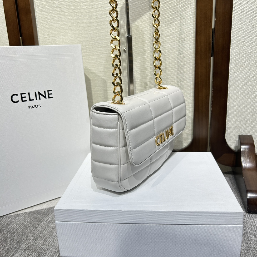 複刻名牌包Celine賽琳 MATELASSE MONOCHROME 絎縫羊皮革鏈條肩揹包飾鍊掛肩袋 白色