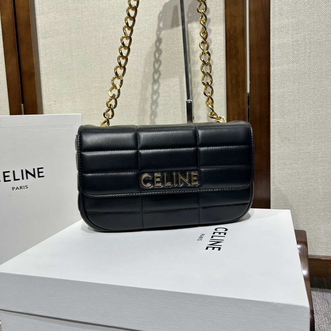 複刻名牌包Celine賽琳 MATELASSE MONOCHROME 絎縫羊皮革鏈條肩揹包飾鍊掛肩袋 黑金