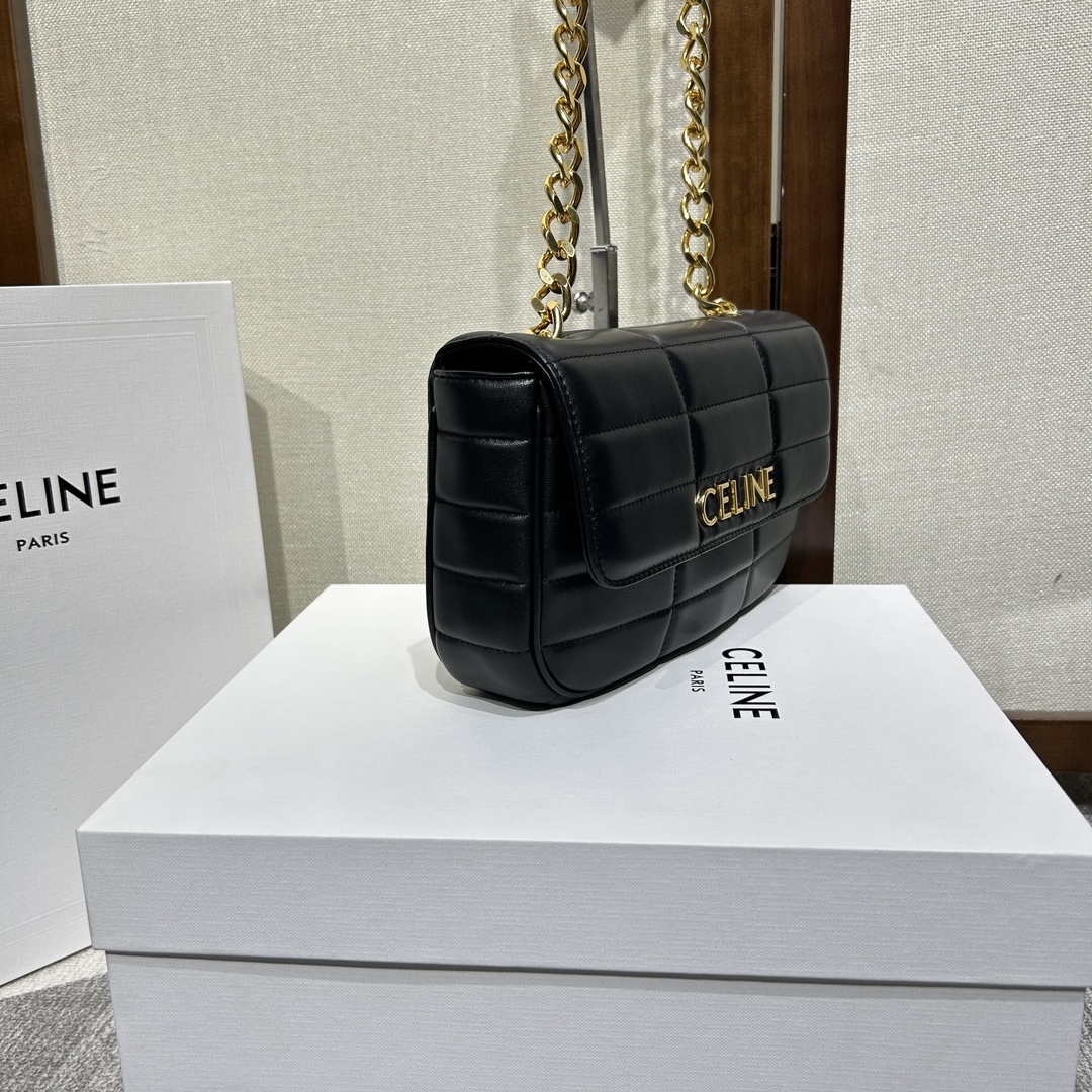 複刻名牌包Celine賽琳 MATELASSE MONOCHROME 絎縫羊皮革鏈條肩揹包飾鍊掛肩袋 黑金