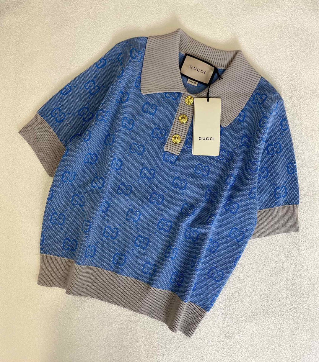 經典藍色Gucci頂級一比一服裝翻領針織短袖T恤
