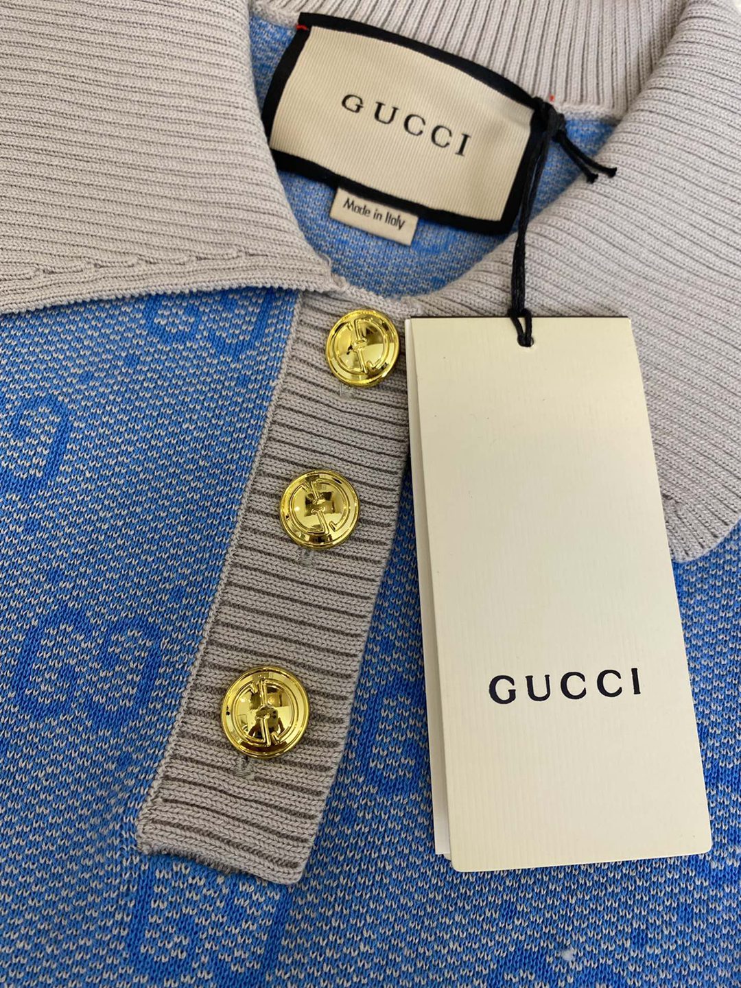 經典藍色Gucci頂級一比一服裝翻領針織短袖T恤