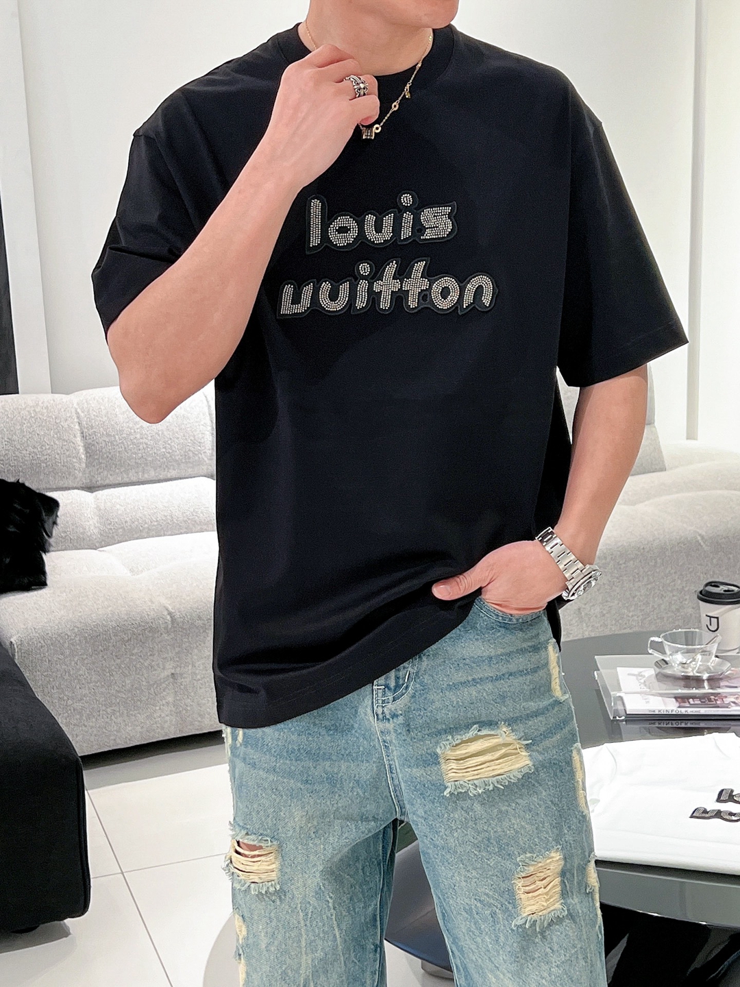 定制面料 原單衣服 LV 純棉圓領短袖T恤 黑色