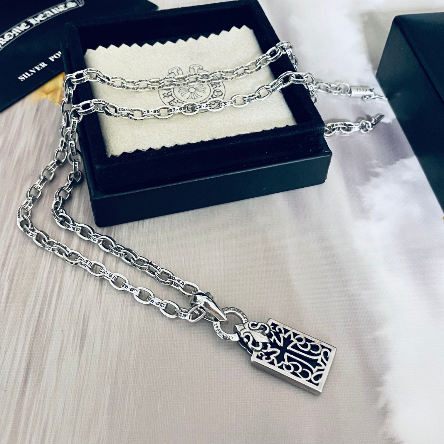 原單Chrome Hearts克羅心 十字架童軍花吊墜+Paper Chain經典5MM字母鏈