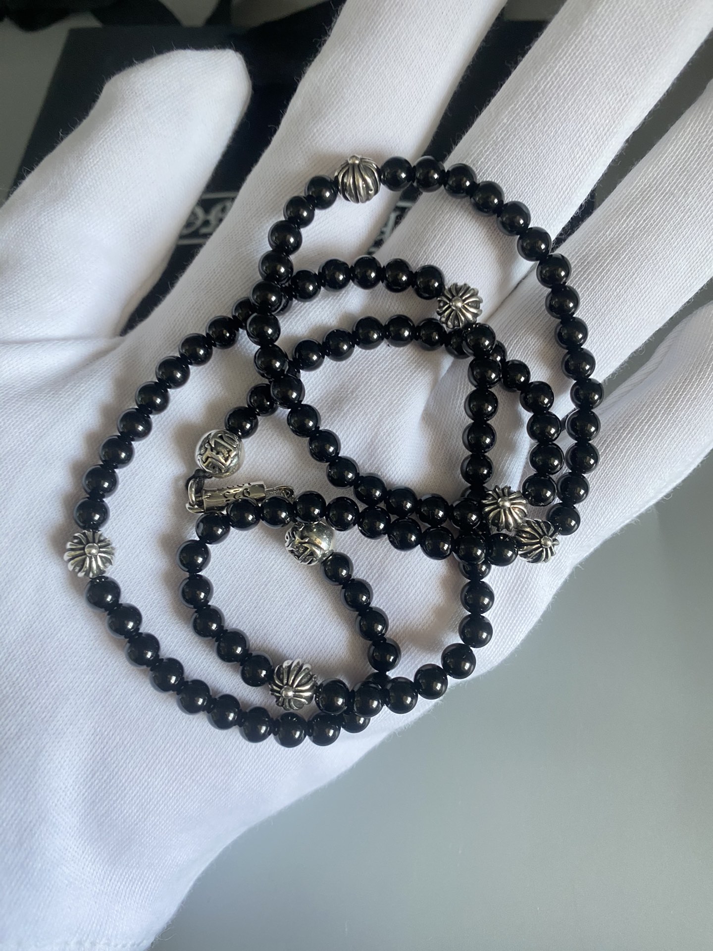 超A貨Chrome Hearts克羅心飾品 8MM黑曜石8銀珠手鍊/項鍊