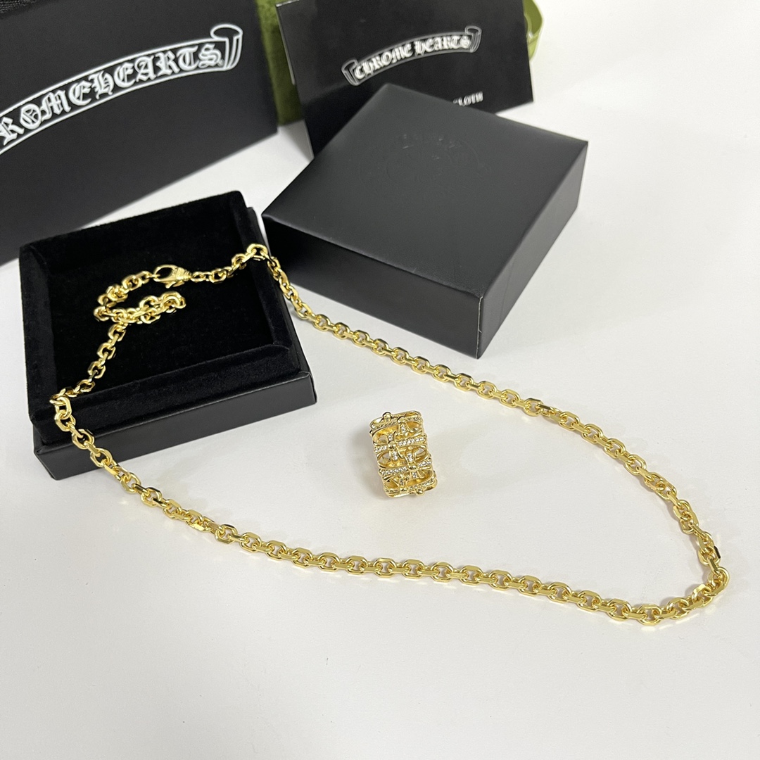 複刻Chrome Hearts克羅心飾品 黄金色墳墓/葬墓十字架戒指吊墜項鍊