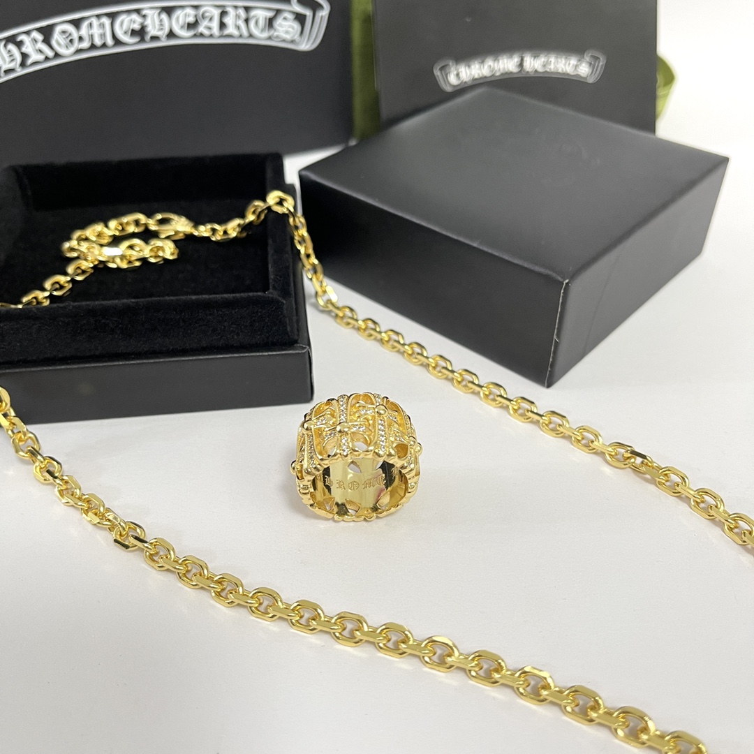 複刻Chrome Hearts克羅心飾品 黄金色墳墓/葬墓十字架戒指吊墜項鍊