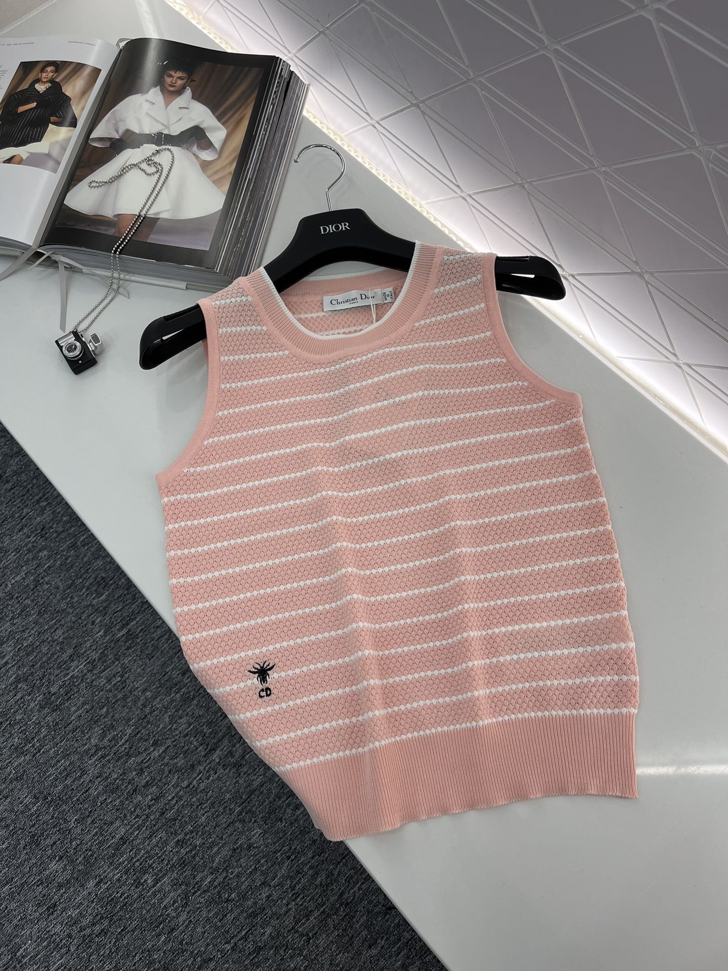 DIOR2024新品刺繡條紋背心 透氣行好 女款無袖粉色背心