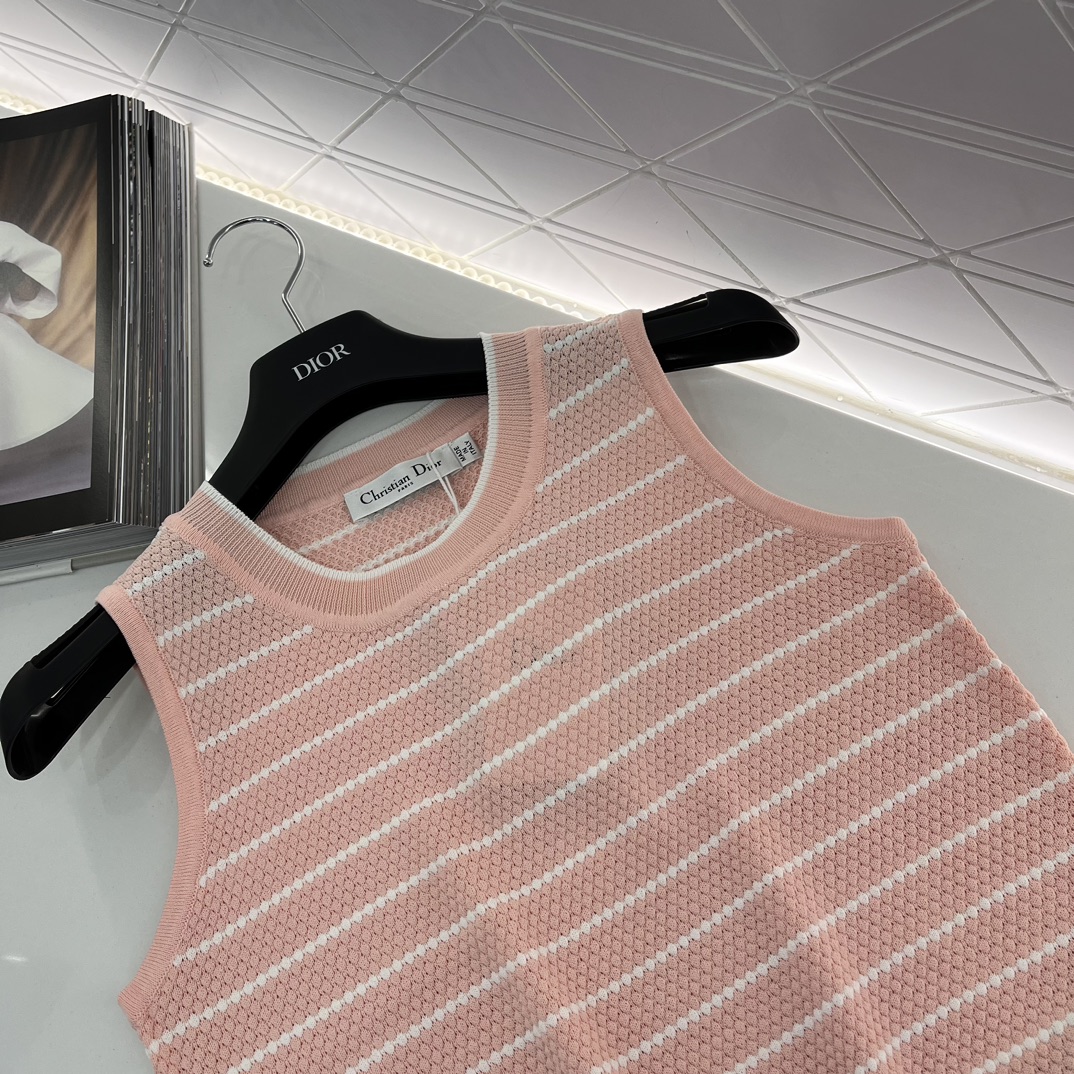 DIOR2024新品刺繡條紋背心 透氣行好 女款無袖粉色背心
