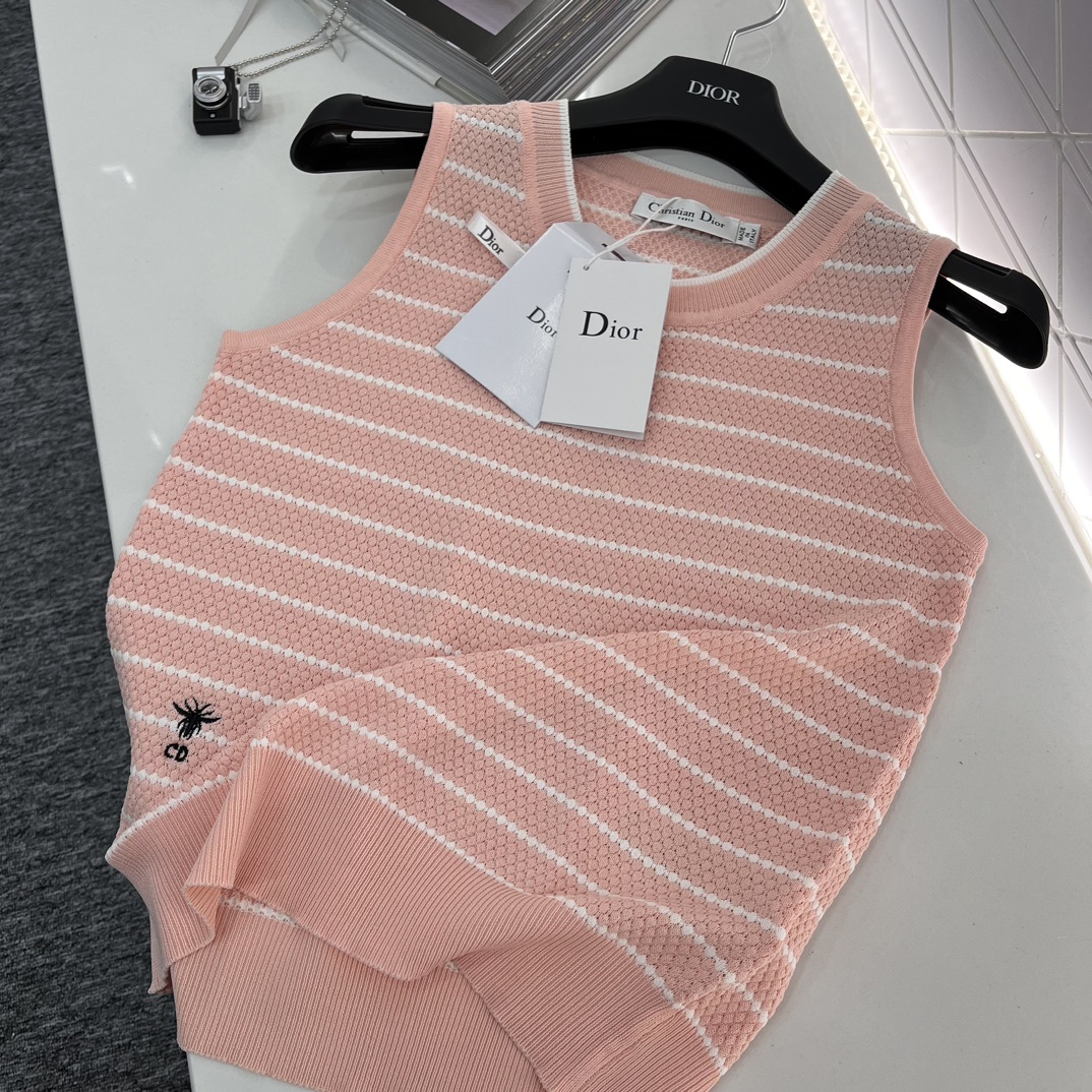 DIOR2024新品刺繡條紋背心 透氣行好 女款無袖粉色背心