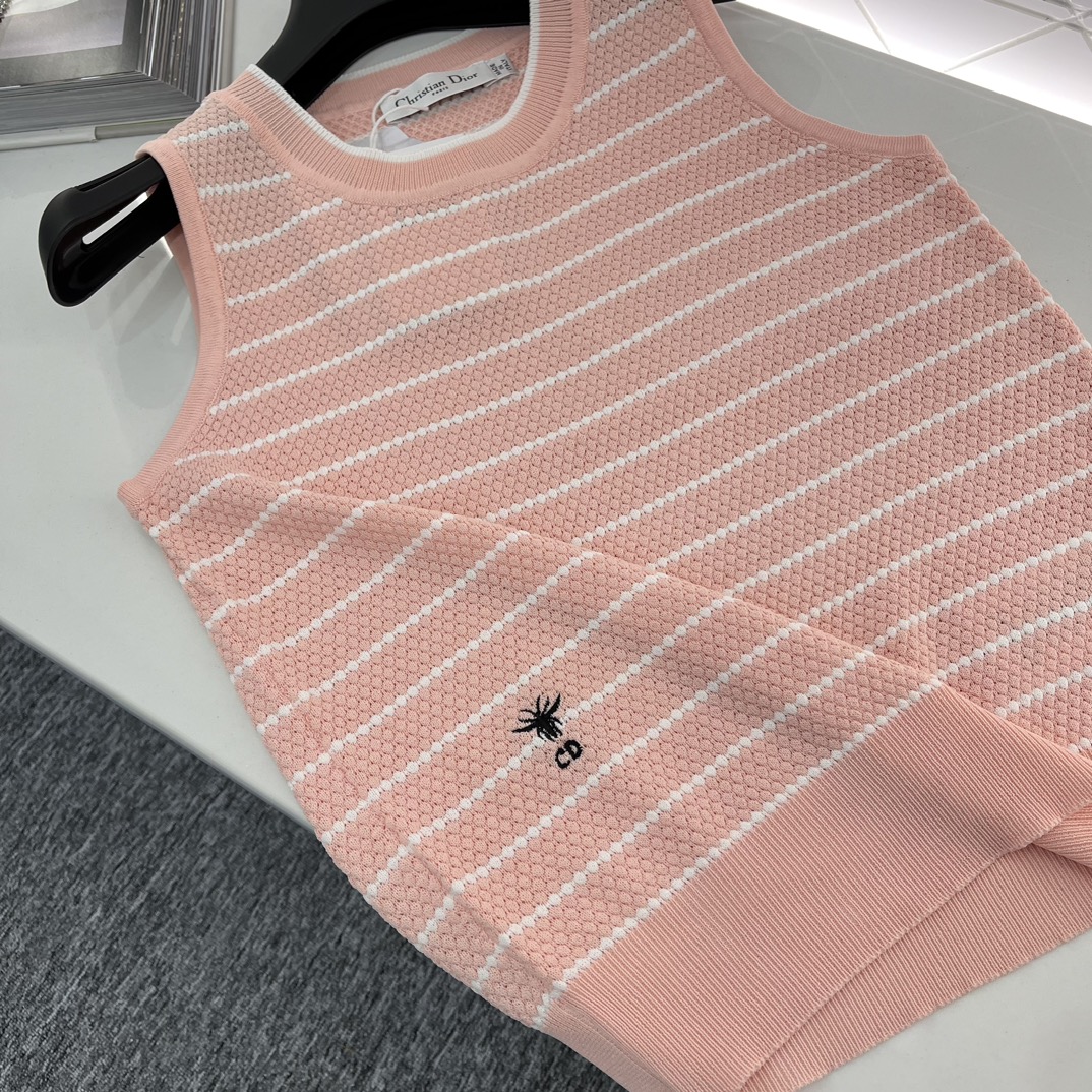 DIOR2024新品刺繡條紋背心 透氣行好 女款無袖粉色背心