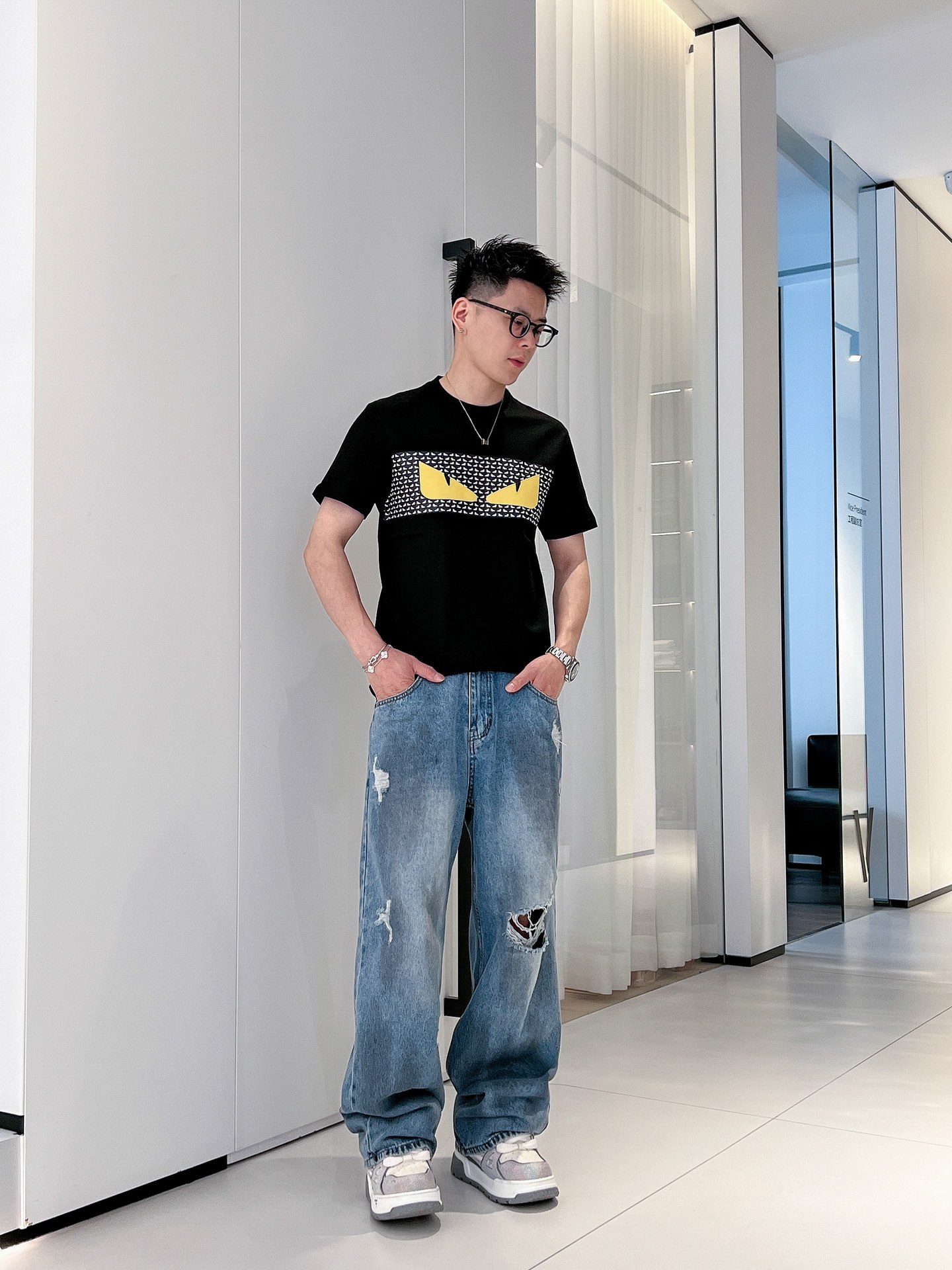 專櫃同步彈力長絨棉高仿Fendi圓領短袖T恤男裝