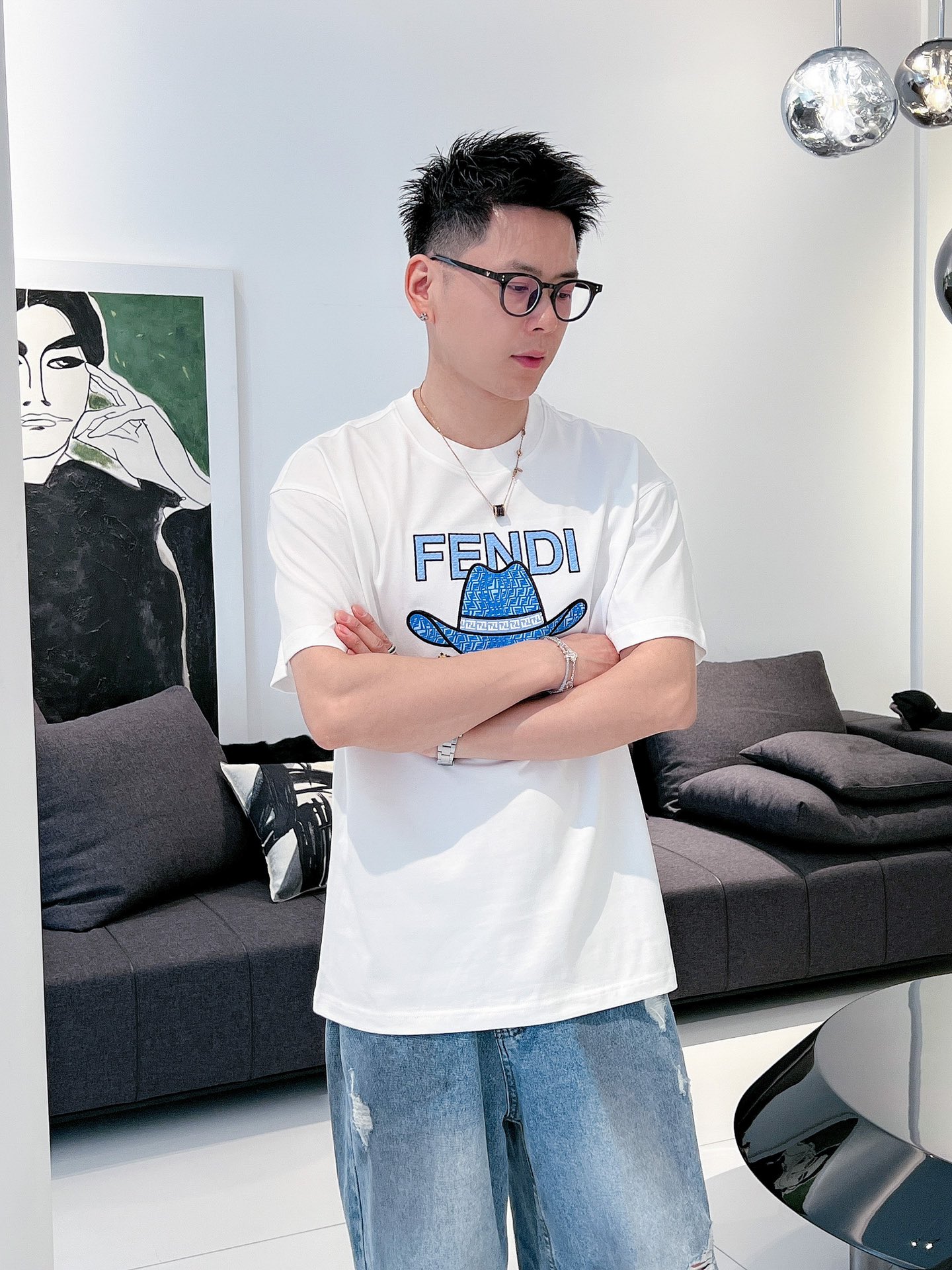 Fendi高仿專櫃同步長絨棉短袖圓領T恤 男裝