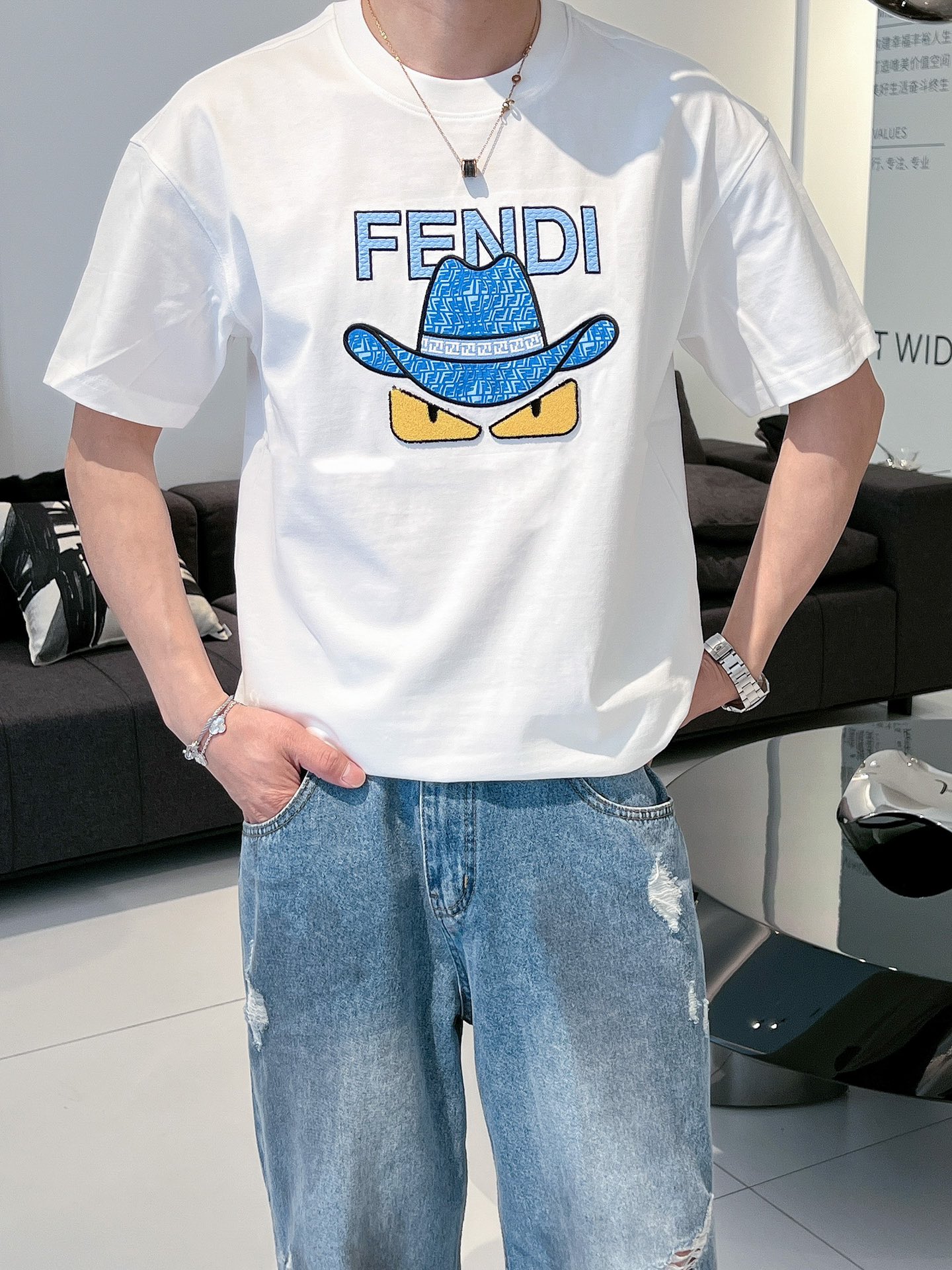 Fendi高仿專櫃同步長絨棉短袖圓領T恤 男裝