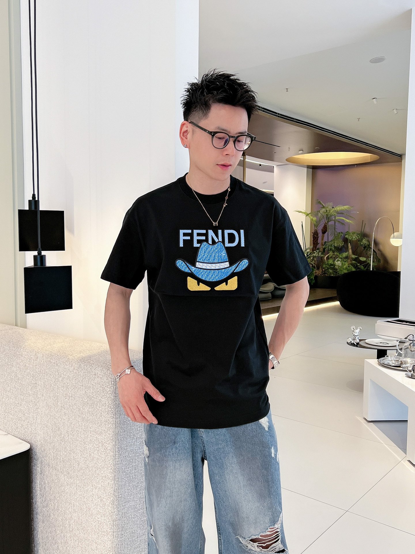 專櫃同步Fendi新品長絨棉短袖logo小怪獸T恤