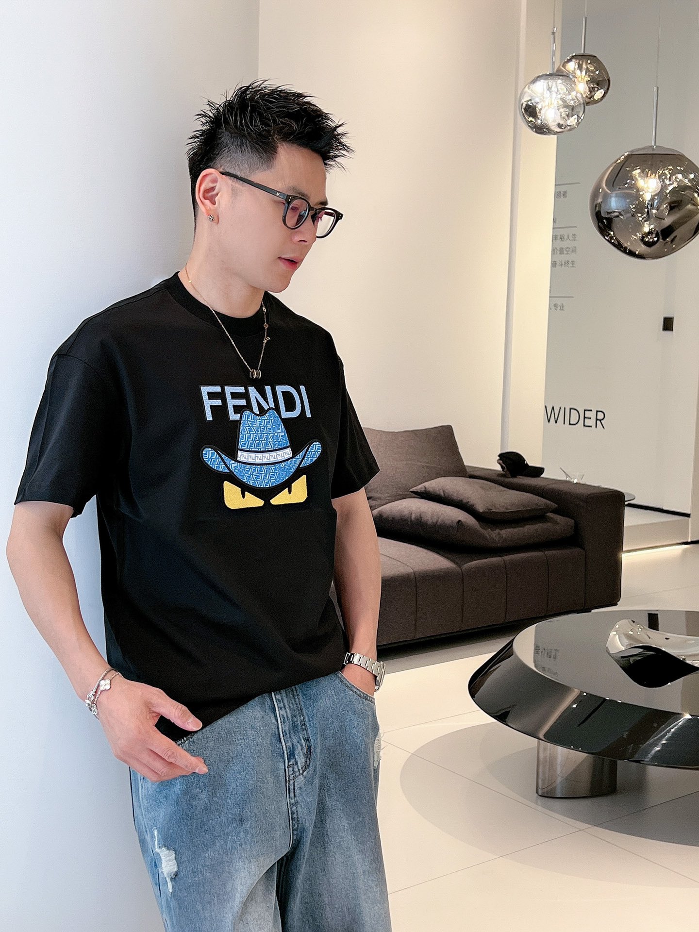 專櫃同步Fendi新品長絨棉短袖logo小怪獸T恤