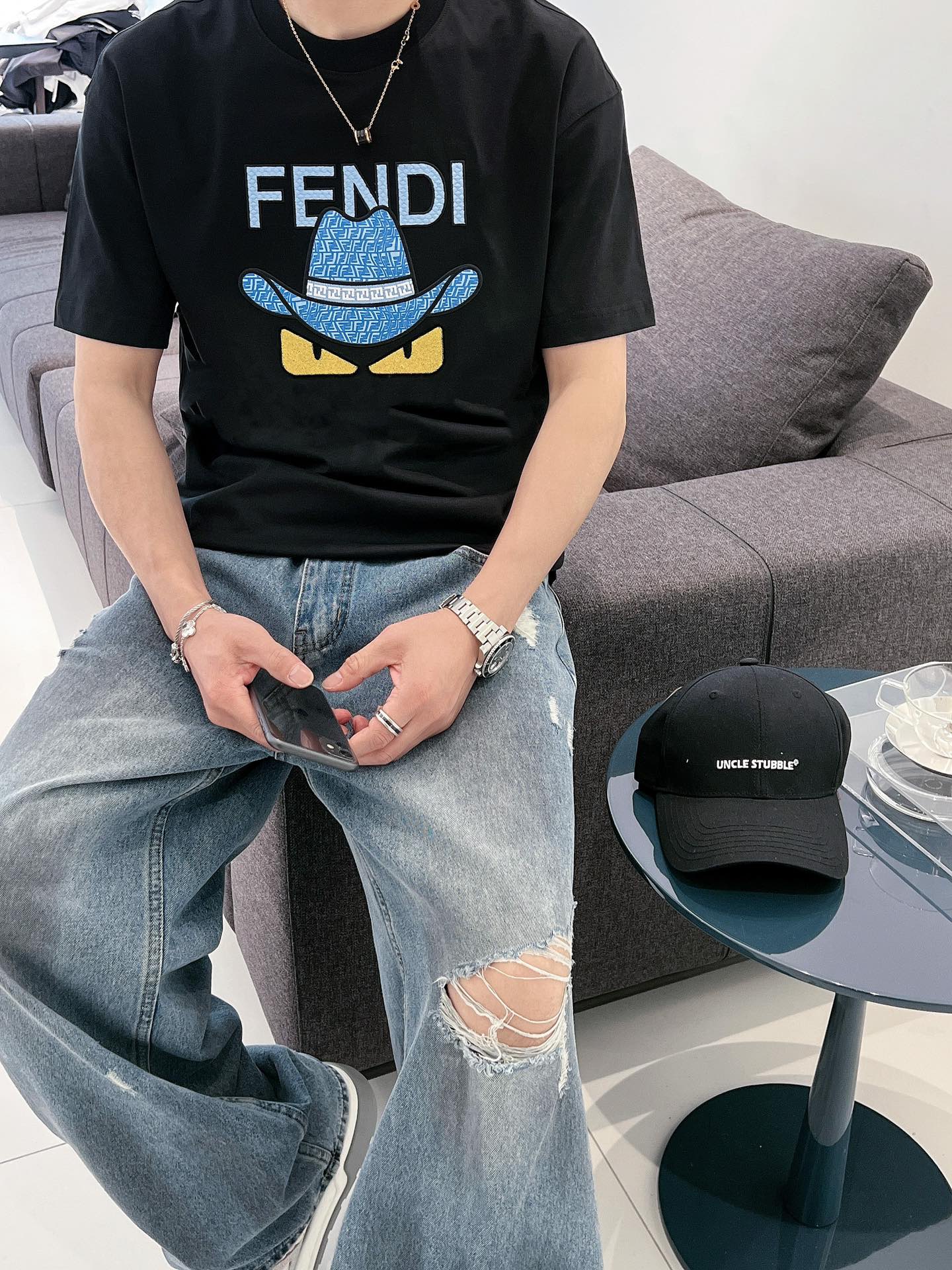 專櫃同步Fendi新品長絨棉短袖logo小怪獸T恤
