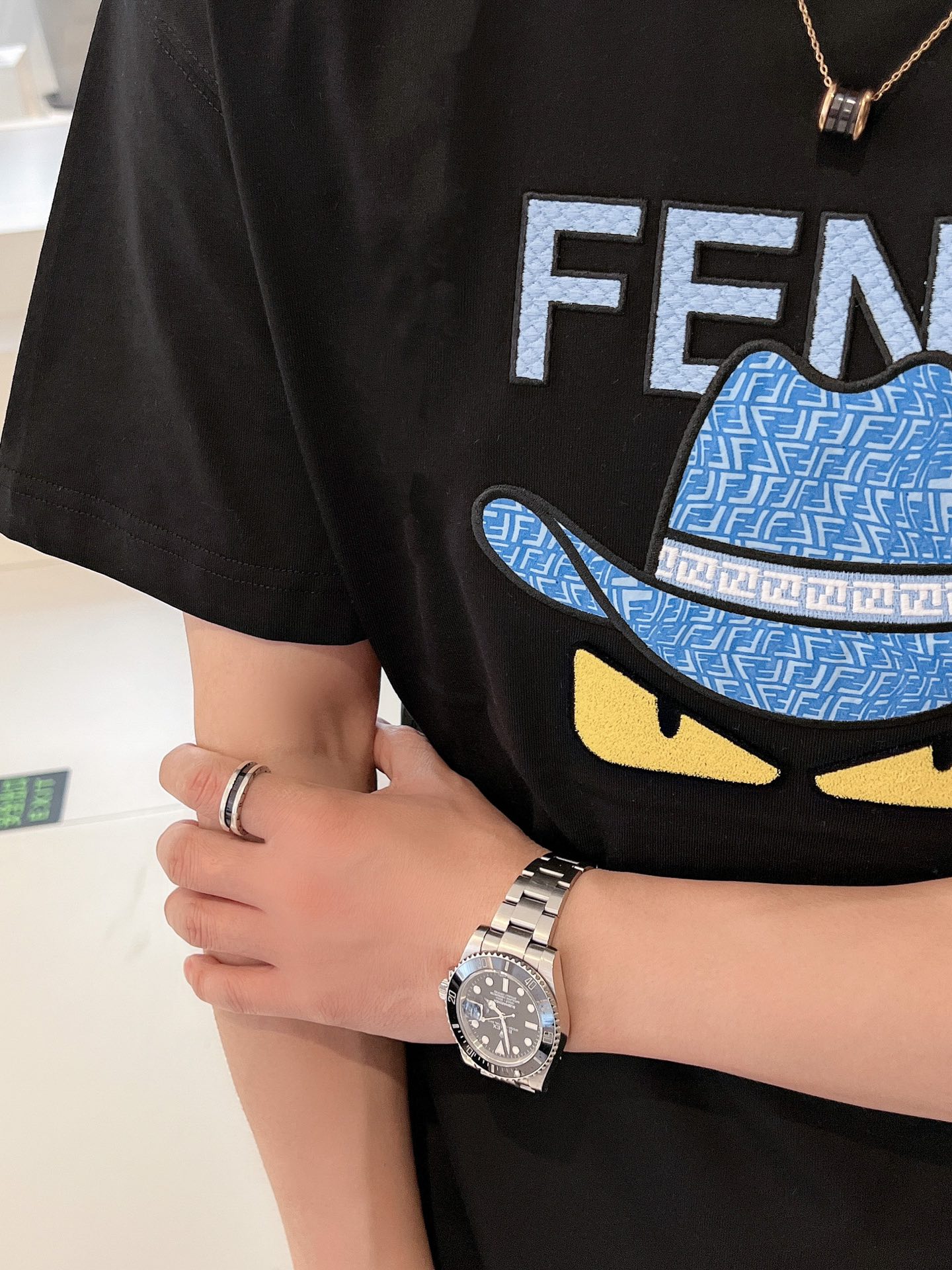 專櫃同步Fendi新品長絨棉短袖logo小怪獸T恤