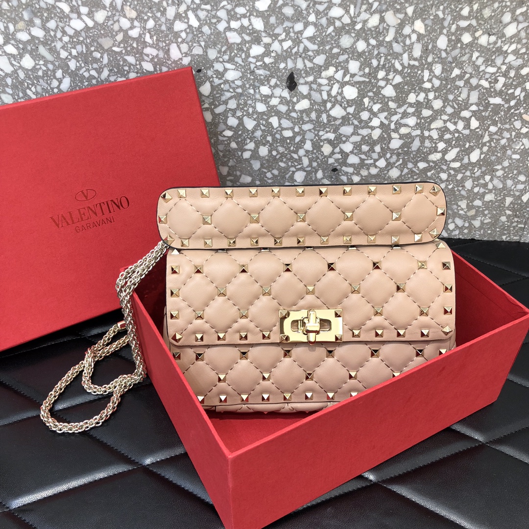 高仿VALENTINO華倫天奴包包 ROCKSTUD SPIKE小號軟牛革手袋 杏色