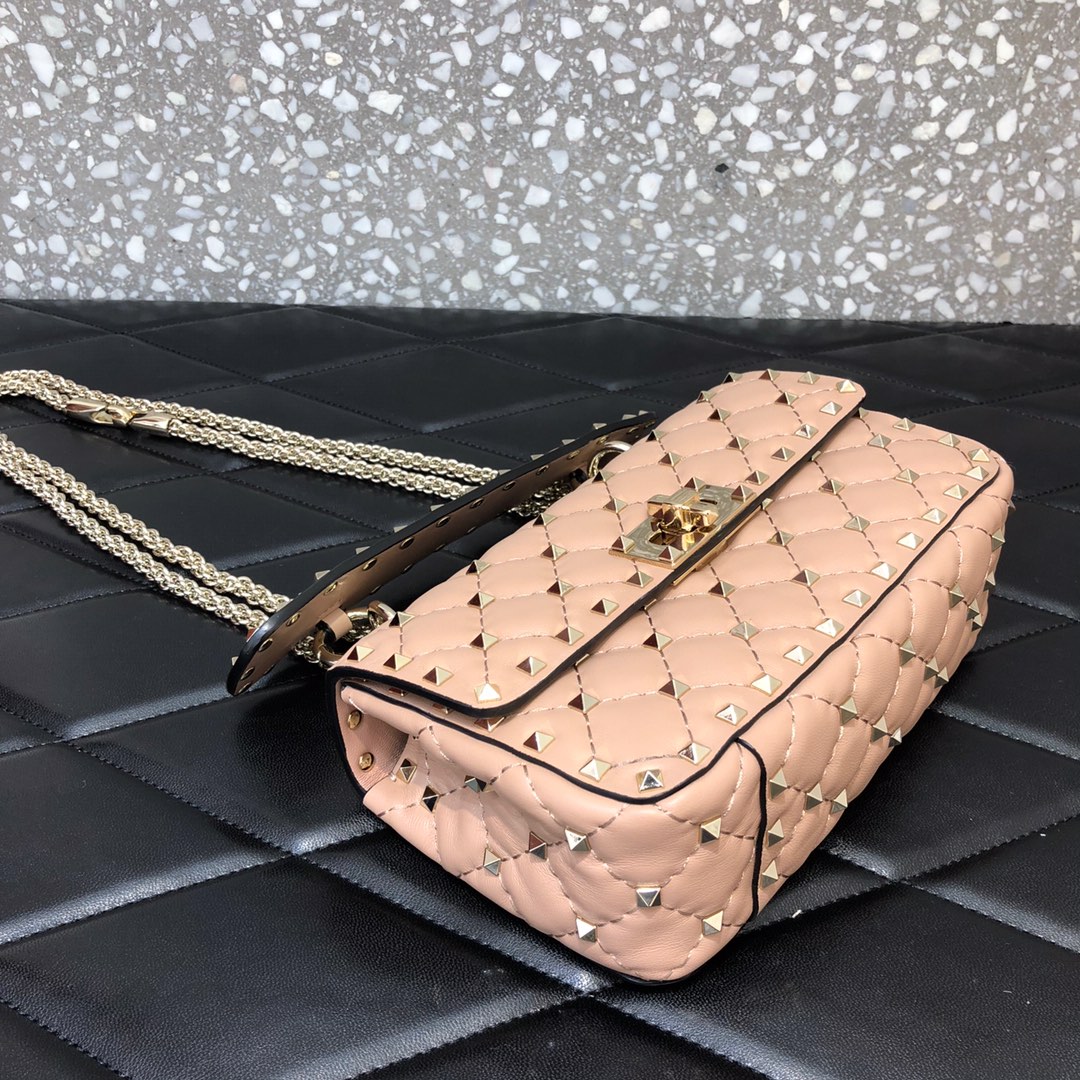 高仿VALENTINO華倫天奴包包 ROCKSTUD SPIKE小號軟牛革手袋 杏色