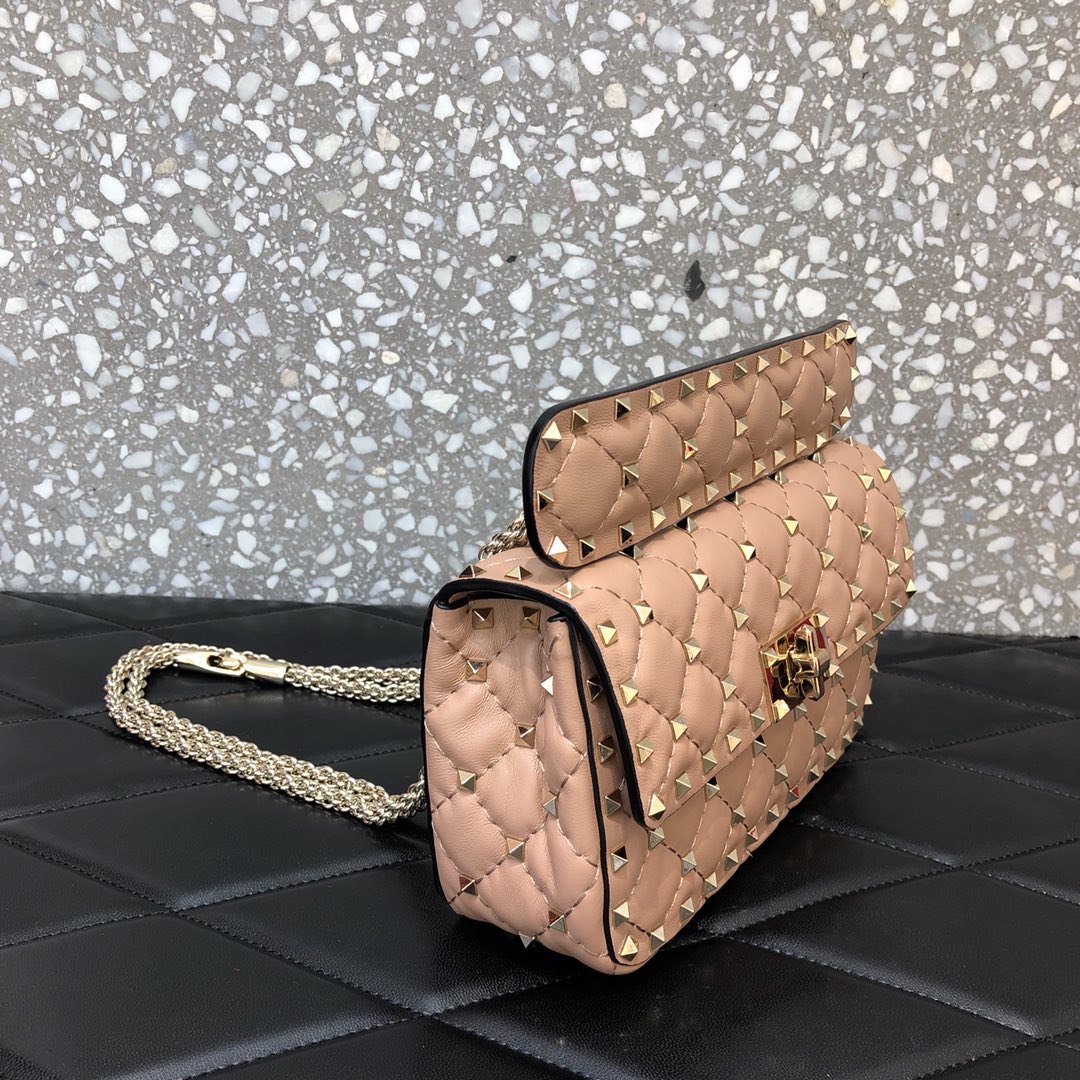 高仿VALENTINO華倫天奴包包 ROCKSTUD SPIKE小號軟牛革手袋 杏色