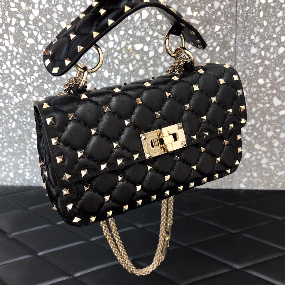 高仿VALENTINO華倫天奴包包 ROCKSTUD SPIKE小號軟牛革手袋 黑金