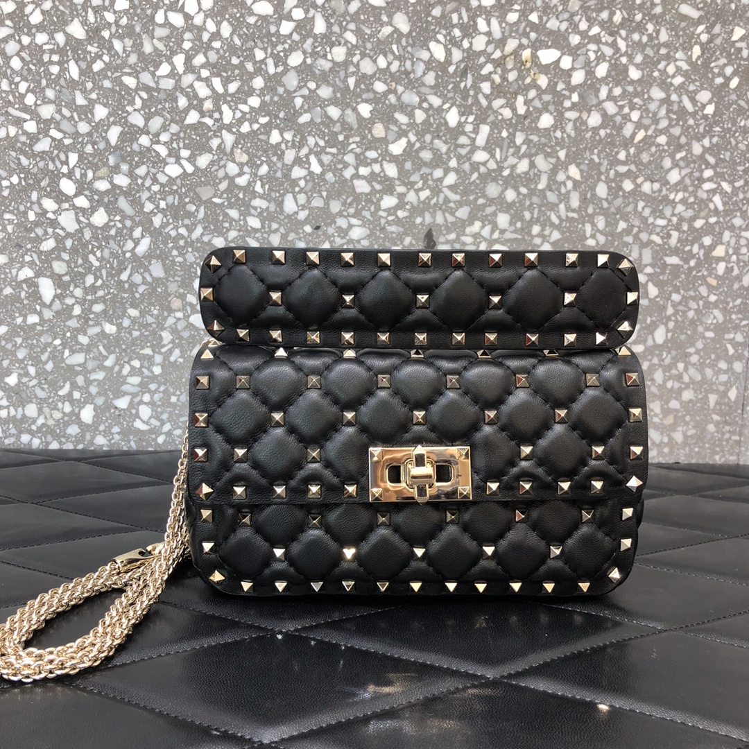 高仿VALENTINO華倫天奴包包 ROCKSTUD SPIKE小號軟牛革手袋 黑金