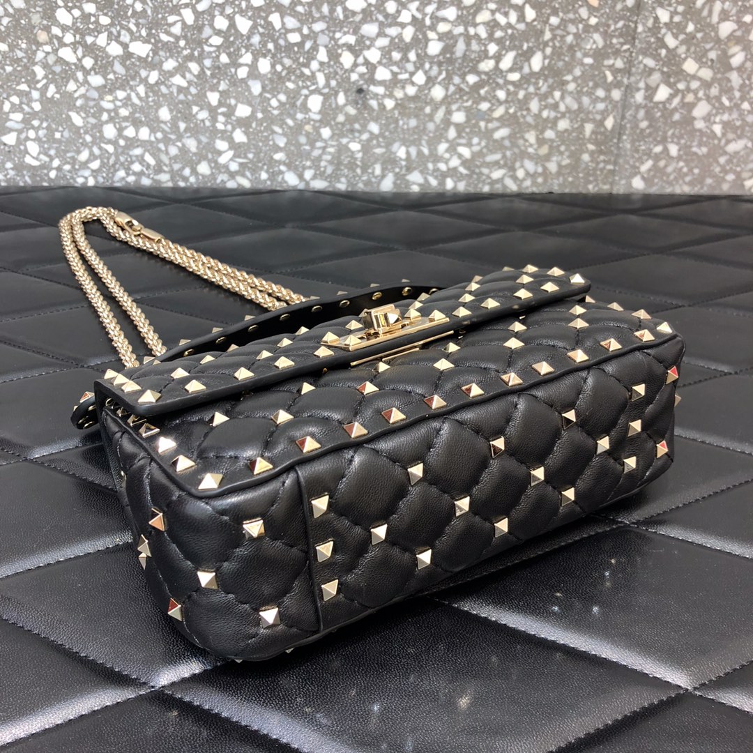 高仿VALENTINO華倫天奴包包 ROCKSTUD SPIKE小號軟牛革手袋 黑金
