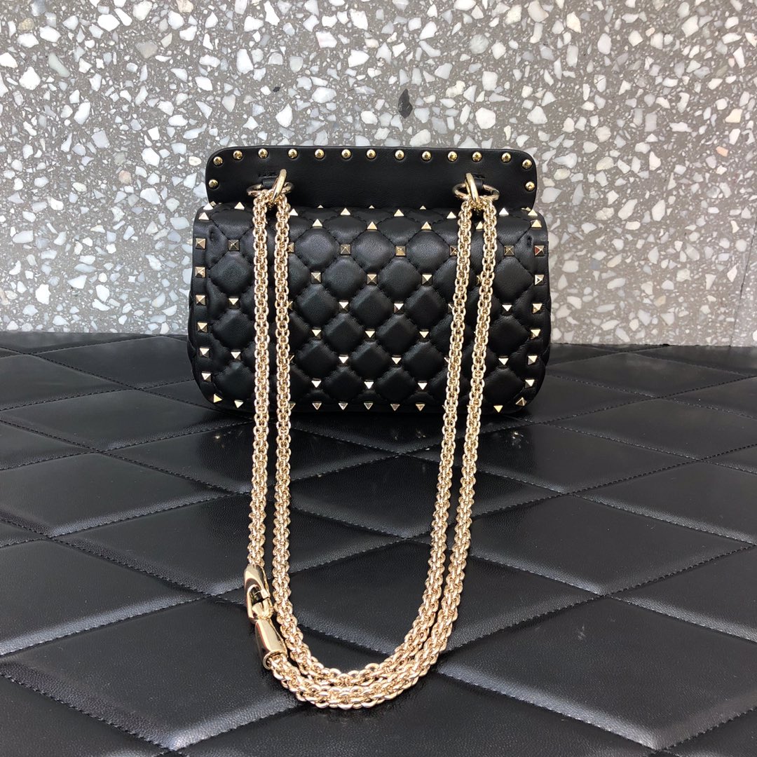 高仿VALENTINO華倫天奴包包 ROCKSTUD SPIKE小號軟牛革手袋 黑金