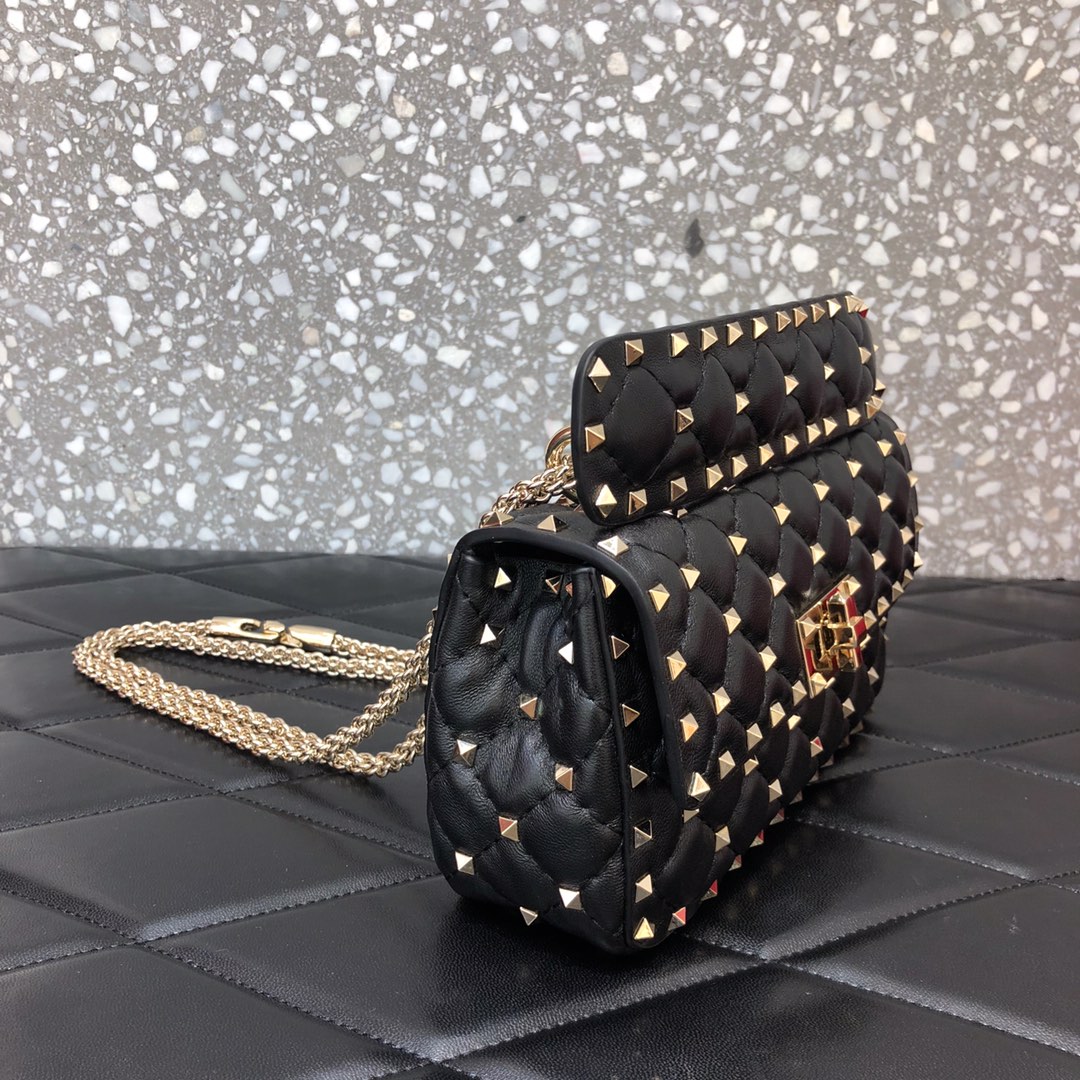 高仿VALENTINO華倫天奴包包 ROCKSTUD SPIKE小號軟牛革手袋 黑金