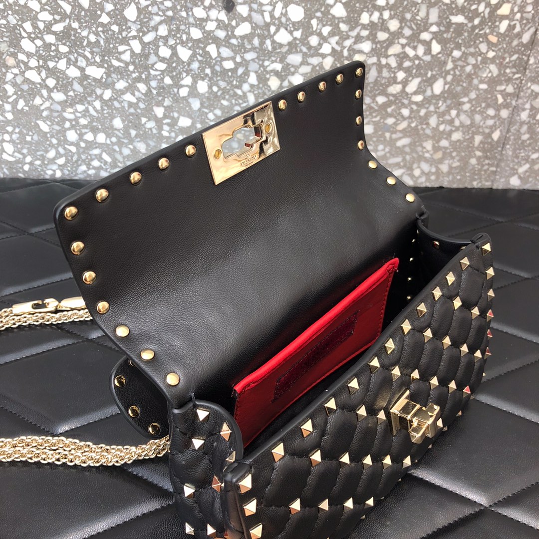 高仿VALENTINO華倫天奴包包 ROCKSTUD SPIKE小號軟牛革手袋 黑金