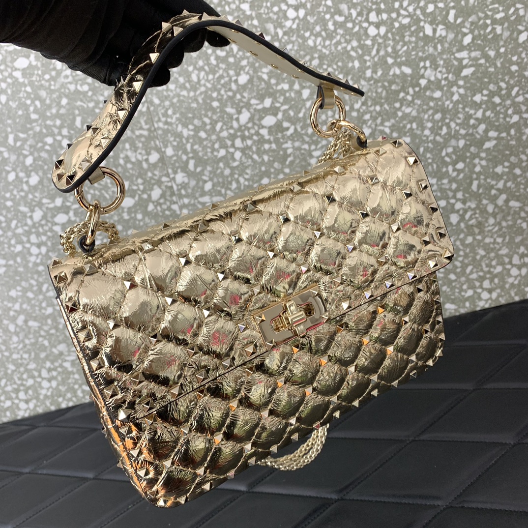 原單複刻VALENTINO華倫天奴包包 ROCKSTUD SPIKE中號軟牛革手袋 金色