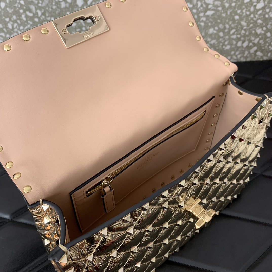 原單複刻VALENTINO華倫天奴包包 ROCKSTUD SPIKE中號軟牛革手袋 金色