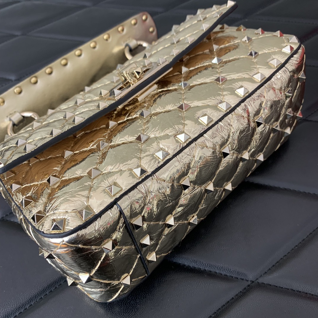 高仿原單VALENTINO華倫天奴包包 ROCKSTUD SPIKE小號軟牛革手袋 金色